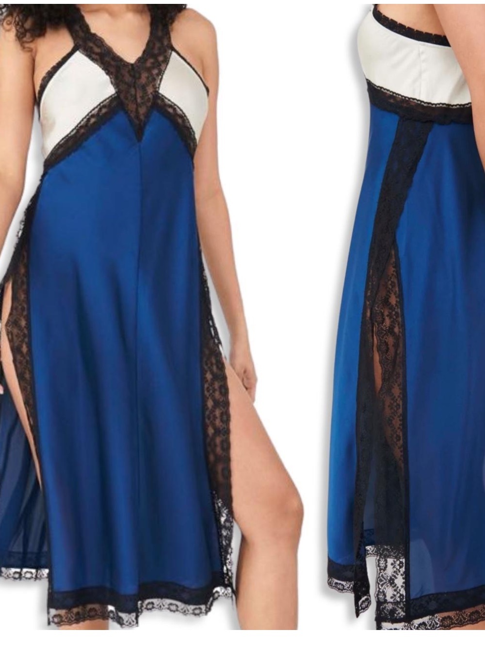 Free People Blue Slip Dress with Black Lace Trim